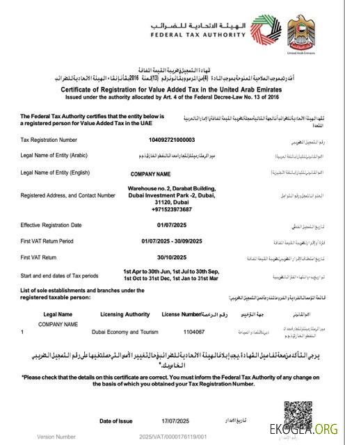 Certificat d'enregistrement des Émirats arabes unis pour le modèle Word et PDF de la taxe sur la valeur ajoutée